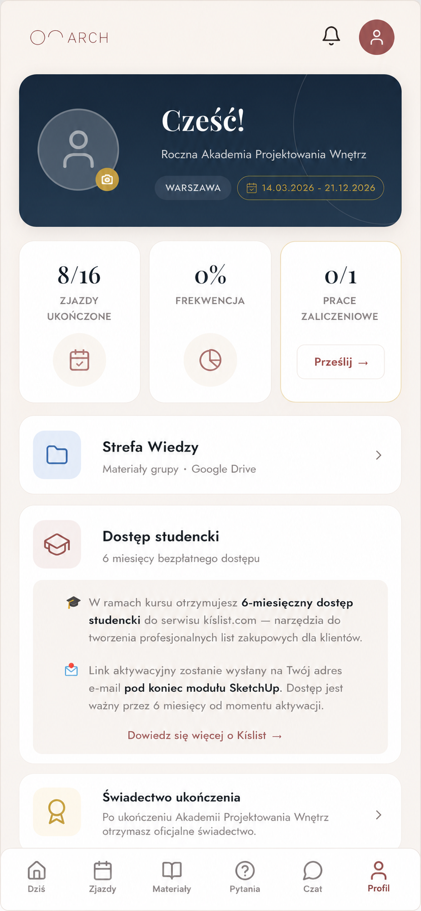 Aplikacja ON-ARCH dla kursantów — panel uczestnika, postęp kursu i Strefa Wiedzy