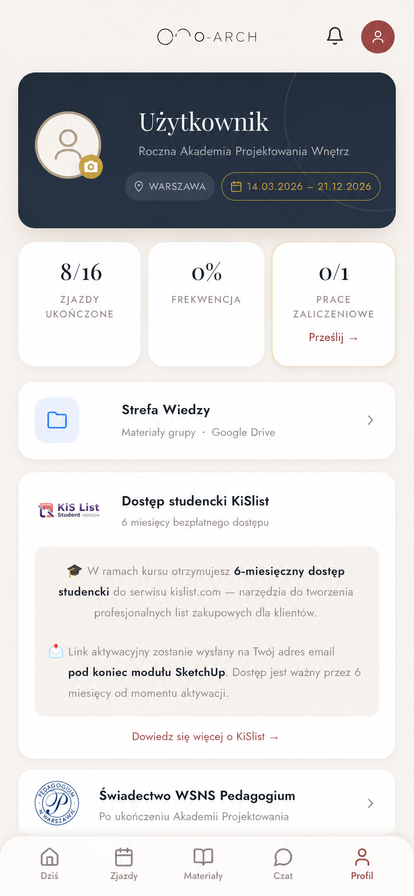 Aplikacja ON-ARCH — profil kursanta, postęp nauki i dostęp do materiałów