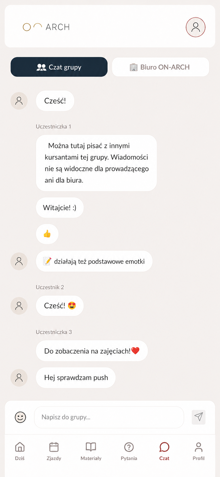 Aplikacja ON-ARCH — czat grupowy uczestników kursu projektowania wnętrz