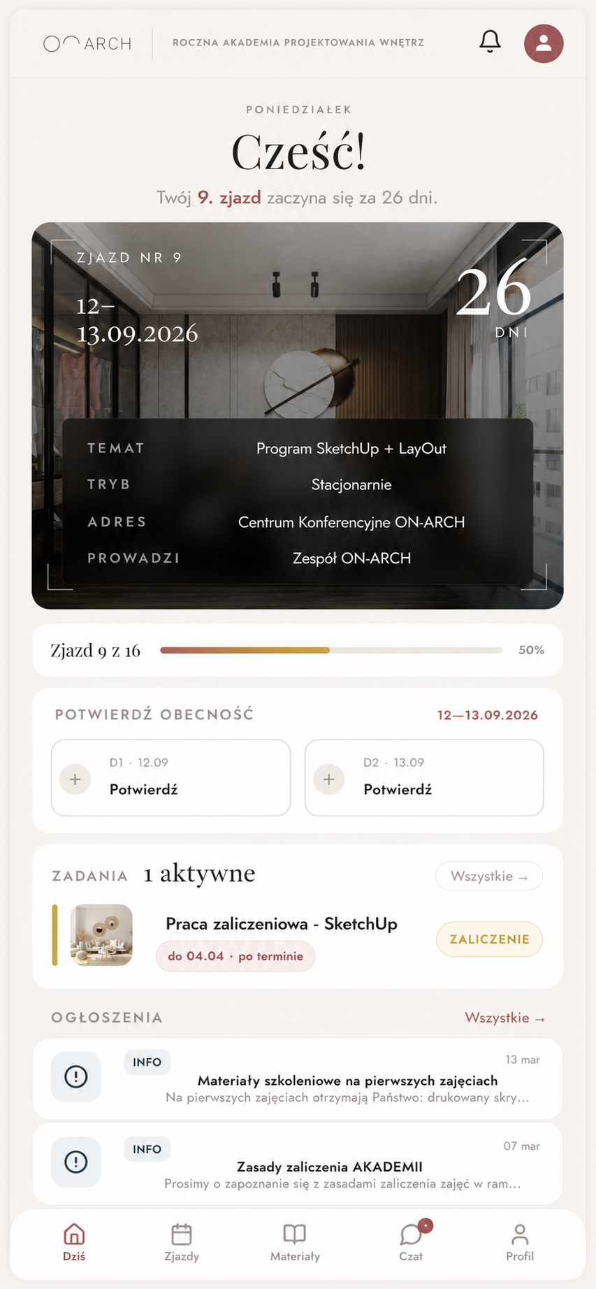 Aplikacja ON-ARCH — bieżący zjazd, obecność i zadania uczestnika